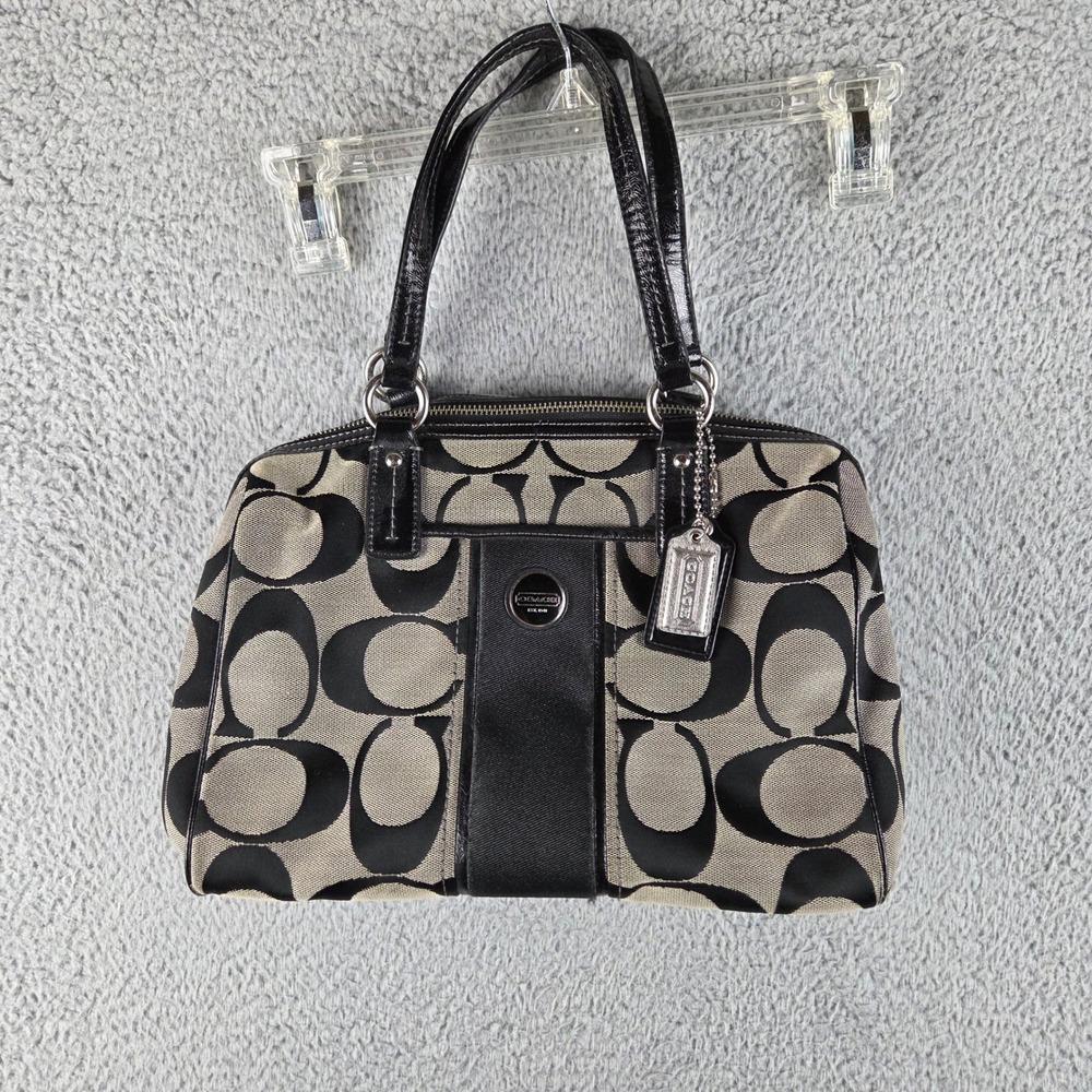 Coach Satchel Handbag Women Medium Black Signature C Jacquard Patent Leather